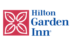 Logo for Hilton Garden Inn in brand colors with icon (a red tile with white floral design) then name laid out horizontally.