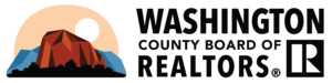 Logo for Washington County Board f REALTORS in brand colors with icon (illustration of a sun behind a red and blue mountains with black scrub brush in foreground), then their name laid out horizontally.